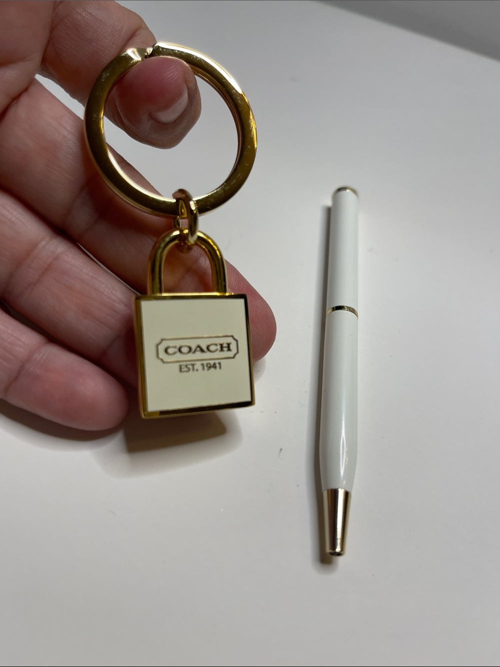Coach Gold and White Enamel Padlock Key Ring and Coach Pen - Picture 2 of 7